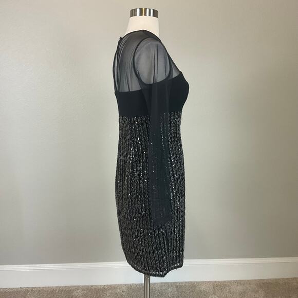 Aidan Mattox Beaded Long Sleeve Mini Sheath Cocktail Dress Black Size 4 - Picture 4 of 12